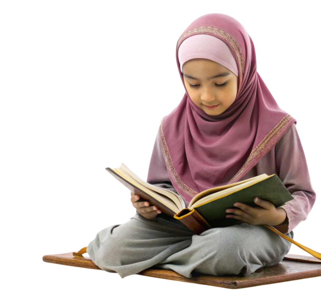 little-girl-reading-quran-on-a-prayer-mat-embracing-islamic-traditions-and-learning-free-png